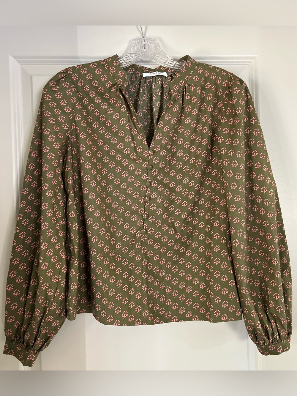 Avara Olive Green Floral V-Neck Blouse